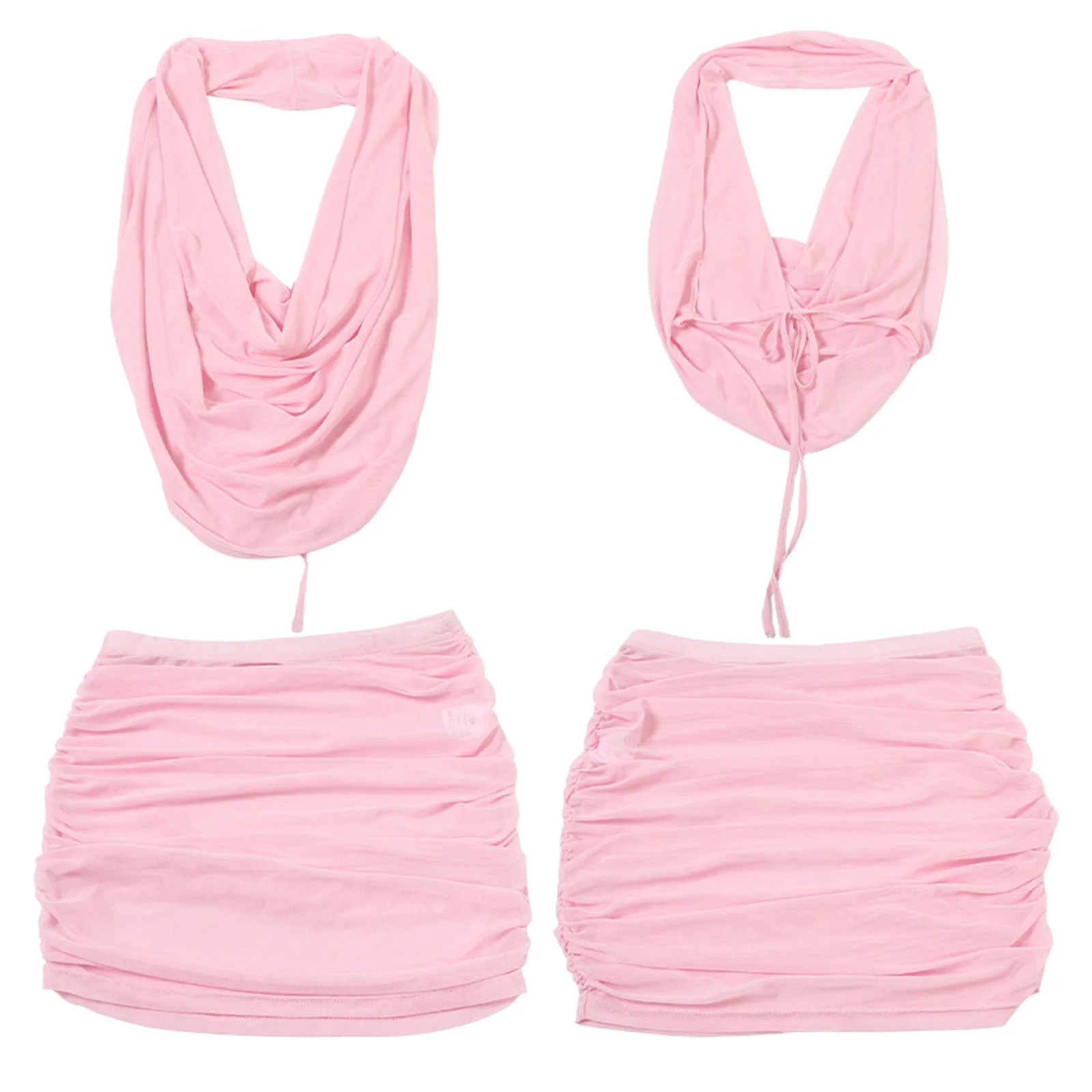 

Dourbesty Sexy Sheer Mesh Swinging Pleated 2 Piece Set Summer Solid Halter Backless Crop Tops Mini Skirts Rave Club Party Outfit