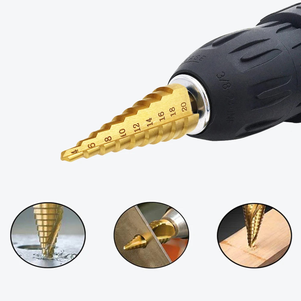 HSS Titanium Coated Step Drill Bit Drilling Power Tools Hole Opener Reaming Drill for Metal Wood Hole Cutter Step Core Drill