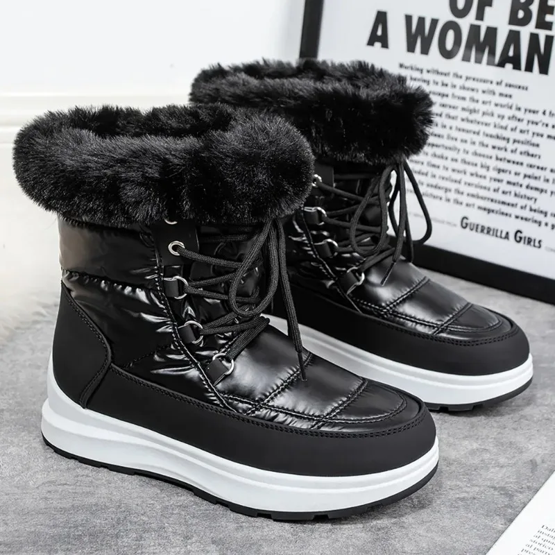 Women Winter Boots Waterproof Lace-Up Thicken Plush Winter Footwear Fashion Non Slip Warm Cotton Platform Ankle Boots Zapatos