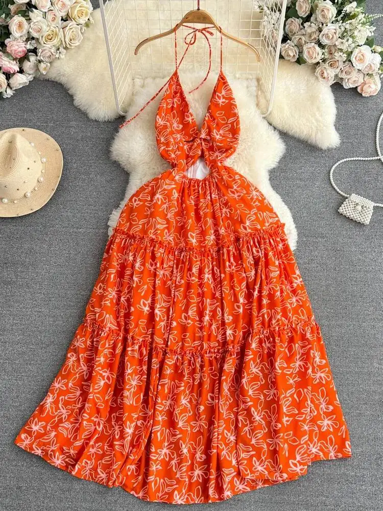 Beach Long Dress Women French Hanging Neck Backless V-neck Sexy Party Dresses Ladies Slim Orange Printed Floral Boho Long Robe