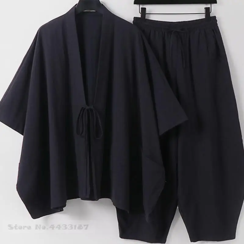Japanese Mens Kimono Cardigan Pants Set Cotton Linen Yukata Haori Samurai Costume Chinese Style Kung Fu Tai Chi Uniform Jacket