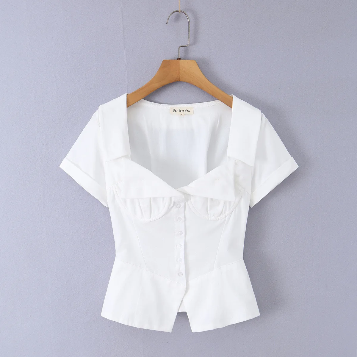 

Withered French V-neck Fashionable Waist Cinching Slim Fit Solid Color Short Sleeved Shirt Blouses Women's Clothes Shirts Tops