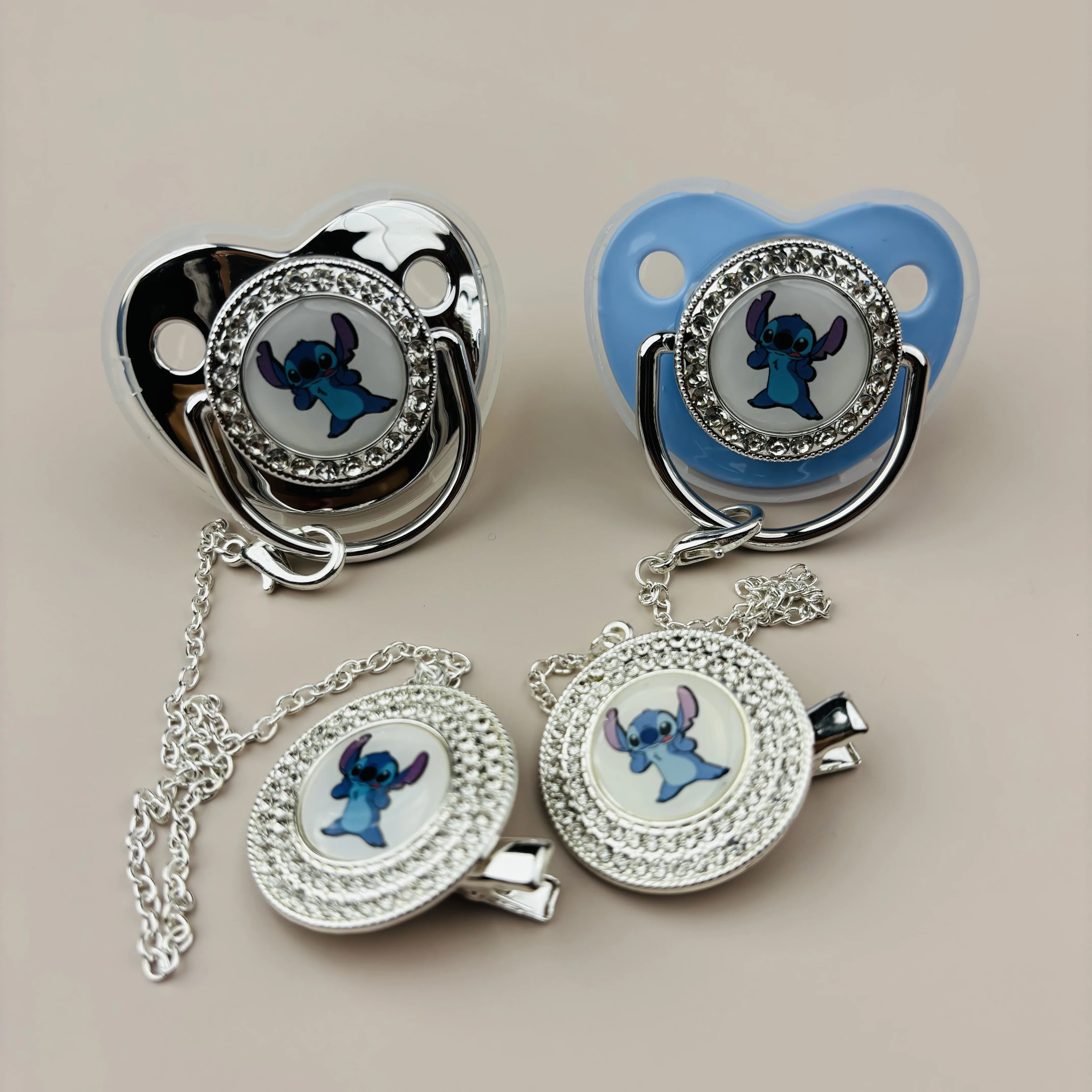 

Hot-selling luxury rhinestone baby pacifier chain clip cap newborn pacifier silicone nipple Kawaii baby oral chewing toy 0-12M
