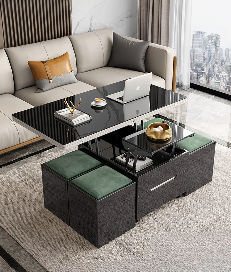 

Multifunctional lifting coffee table, dining table furniture, small unit tempered glass folding coffee table