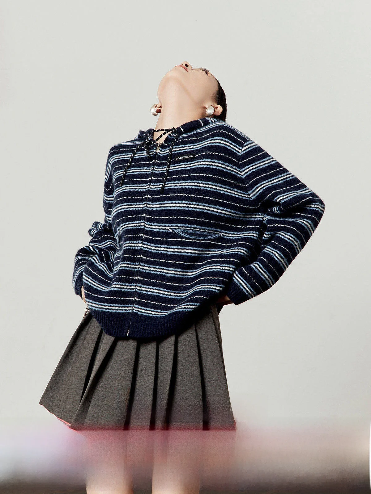 

Loose Women's Knitted Cardigan Hooded Striped Casual Sle Soft Fabric Long Sve round Ne Zipper Closure Spring New Arrival