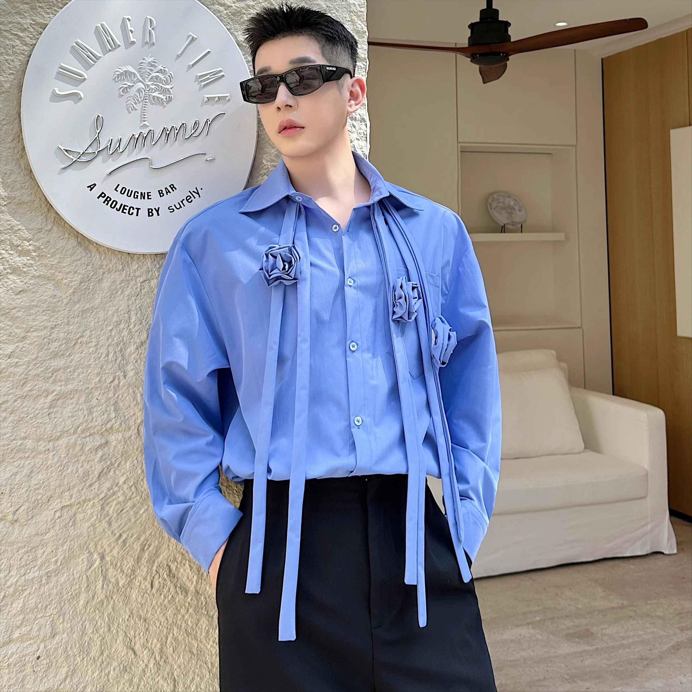 

Fashion Men's Shirts Long Sleeve Loose Casual Shirts Korea Ribbon Design Sense 3D Flower Decoration Street Wear Men Clothing