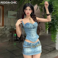 REDDACHiC Sweetheart Corset Tank Top Skirt Women Vintage Wash Bandage Crop Top Low Rise Bodycon Mini Skirt Grayu Y2k Streetwear