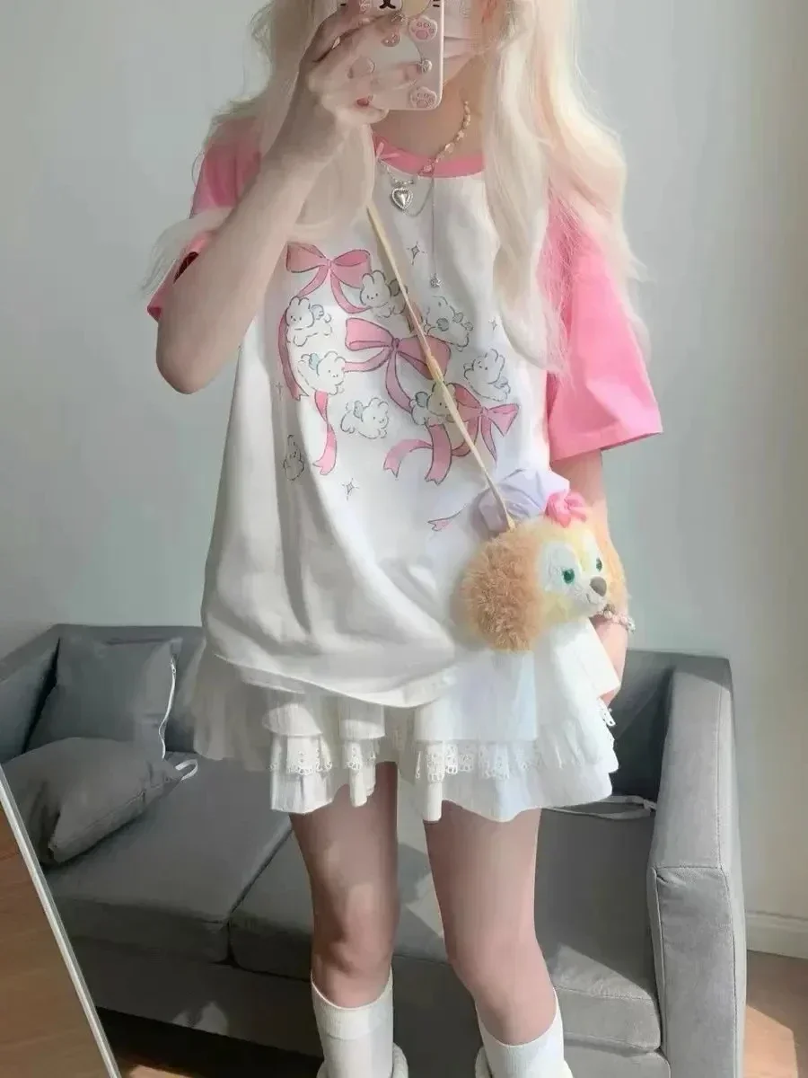 Women's Cute Pink Bow Tie Printed Loose T-Shirts Summer Japanese Kawaii Harajuku Anime Tops New Daily Fashion Short -Sleeves