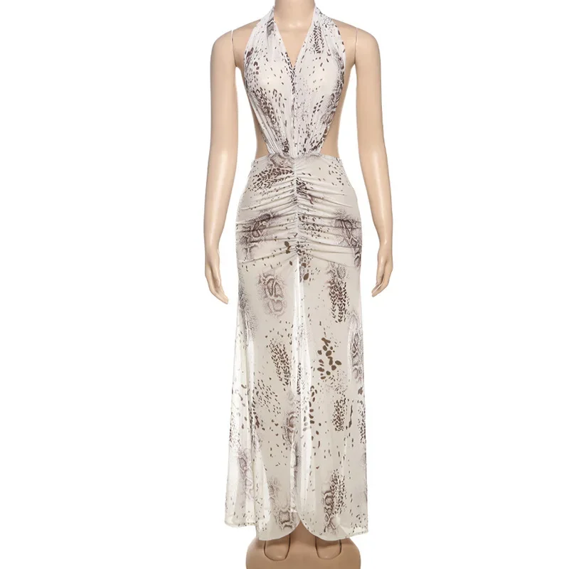 Europa e America 2025 Primavera Nuove donne Abbigliamento Maglia sexy Appesa al collo Grande schiena scoperta e abito stampato diviso slim fit