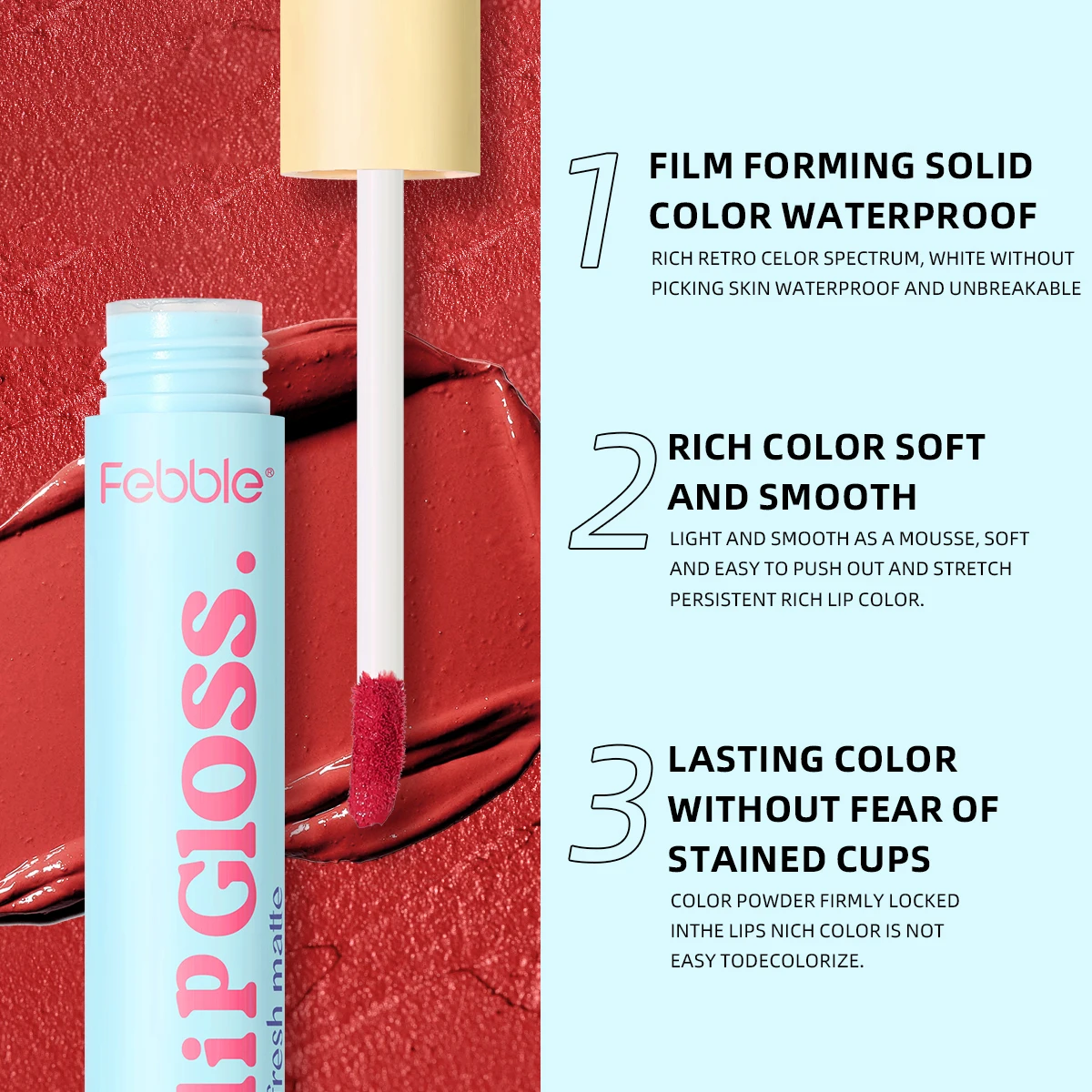 Soft Mist Lip Gloss, 8 color options, non-sticky bottle, waterproof and quick-drying, long-lasting liquid lip balm
