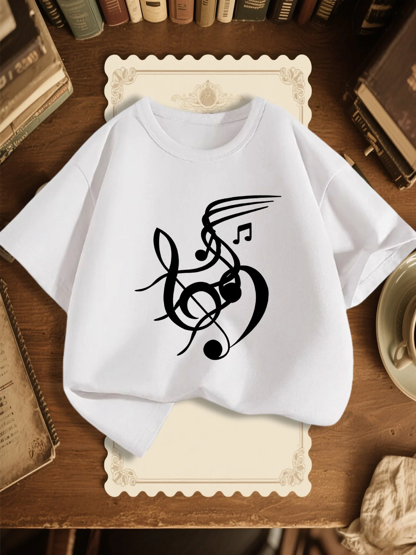 Cute Heart Shaped Music Note Print Graphic Kids Tee Boys Girls Family Matching Cotton Crew Neck Short Sleeve Soft Summer Tee