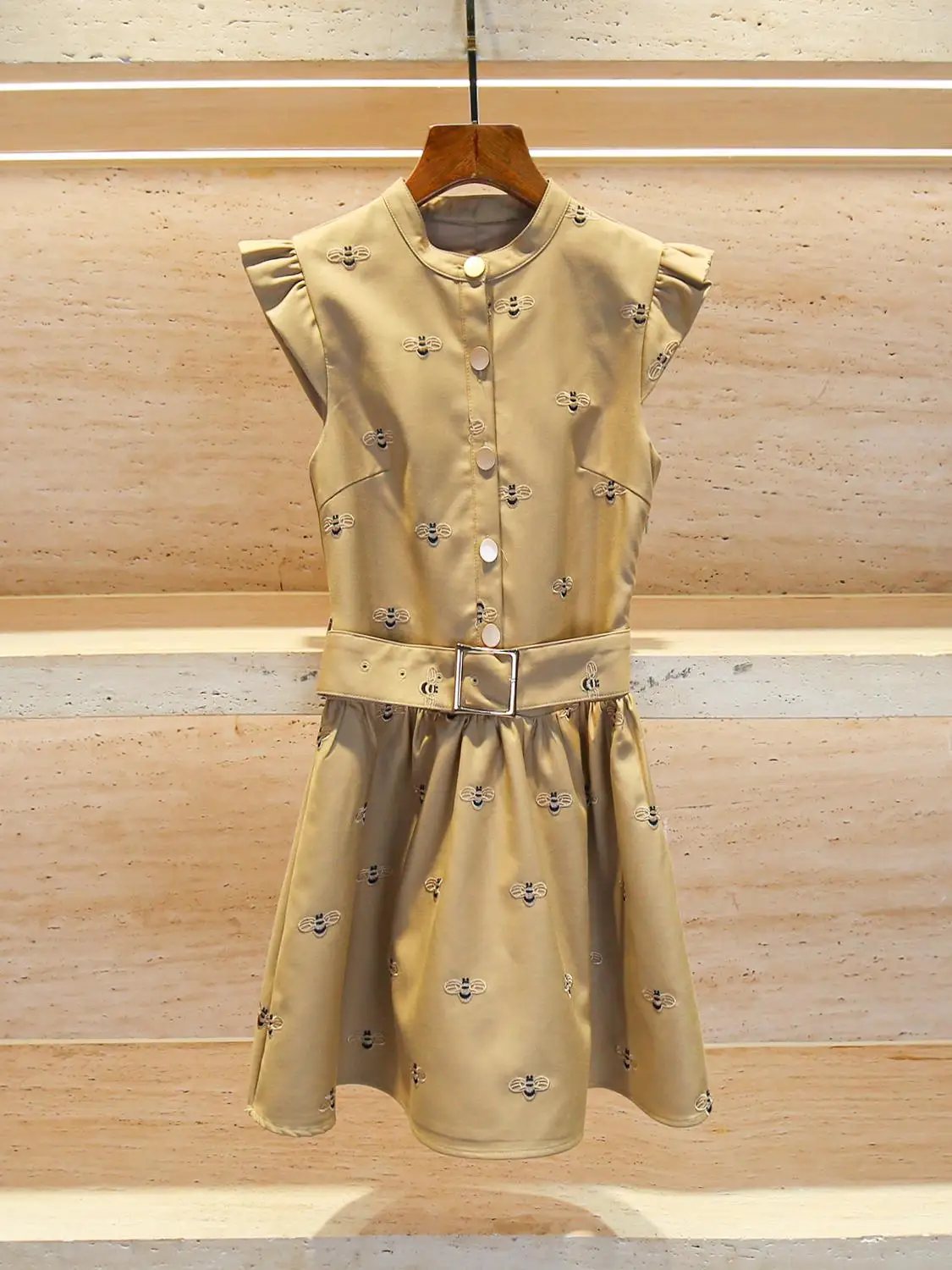 

Ele Bee Embroidery Heavy Work Fly Sve Dr Women's High Waist A-Line Skirt Sle Casual round Neline Polyester Fiber