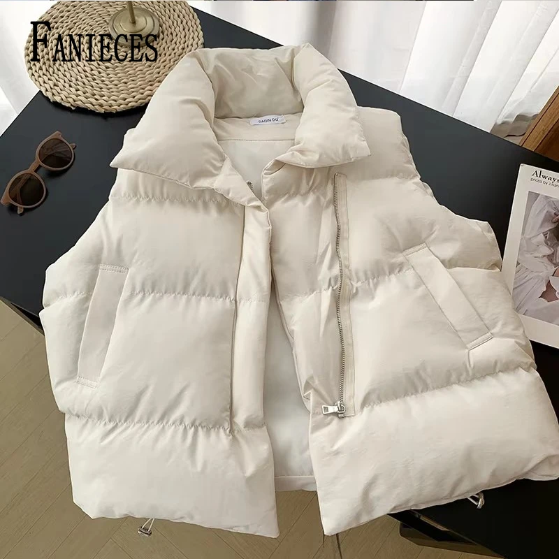 

Casual Waistcoat Outerwear Women Stand Collar Short Cotton Down Vest Autumn Winter Sleeveless Zipper Elegant Loose Coats