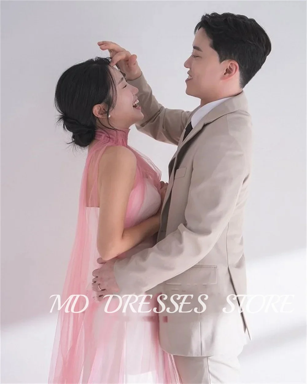 MD Sweet Pink Wedding Dresses Korea Photoshoot High Neck Ruffles Tulle Sleeveless Floor-Length Corset Back Customized Party Gown