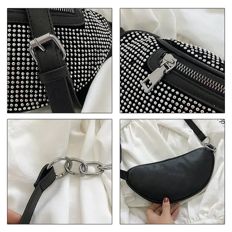 Women Waist Bag Flash Diamond Luxury Fanny Pack Chain Waist Shoulder Crossbody Chest Bags Fashion Banana Belt Bag Hip Bum Purse