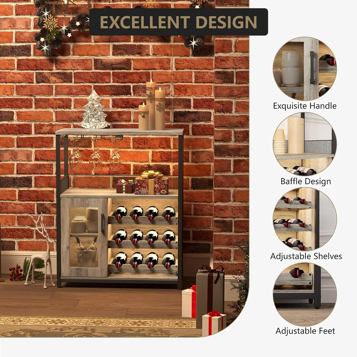 3 Tier Wine Bar Cabinet LED Lights Adjustable Storage Liquor Rack Glass Holder Mesh Door Sideboard Home Dining Room, Customized image 5