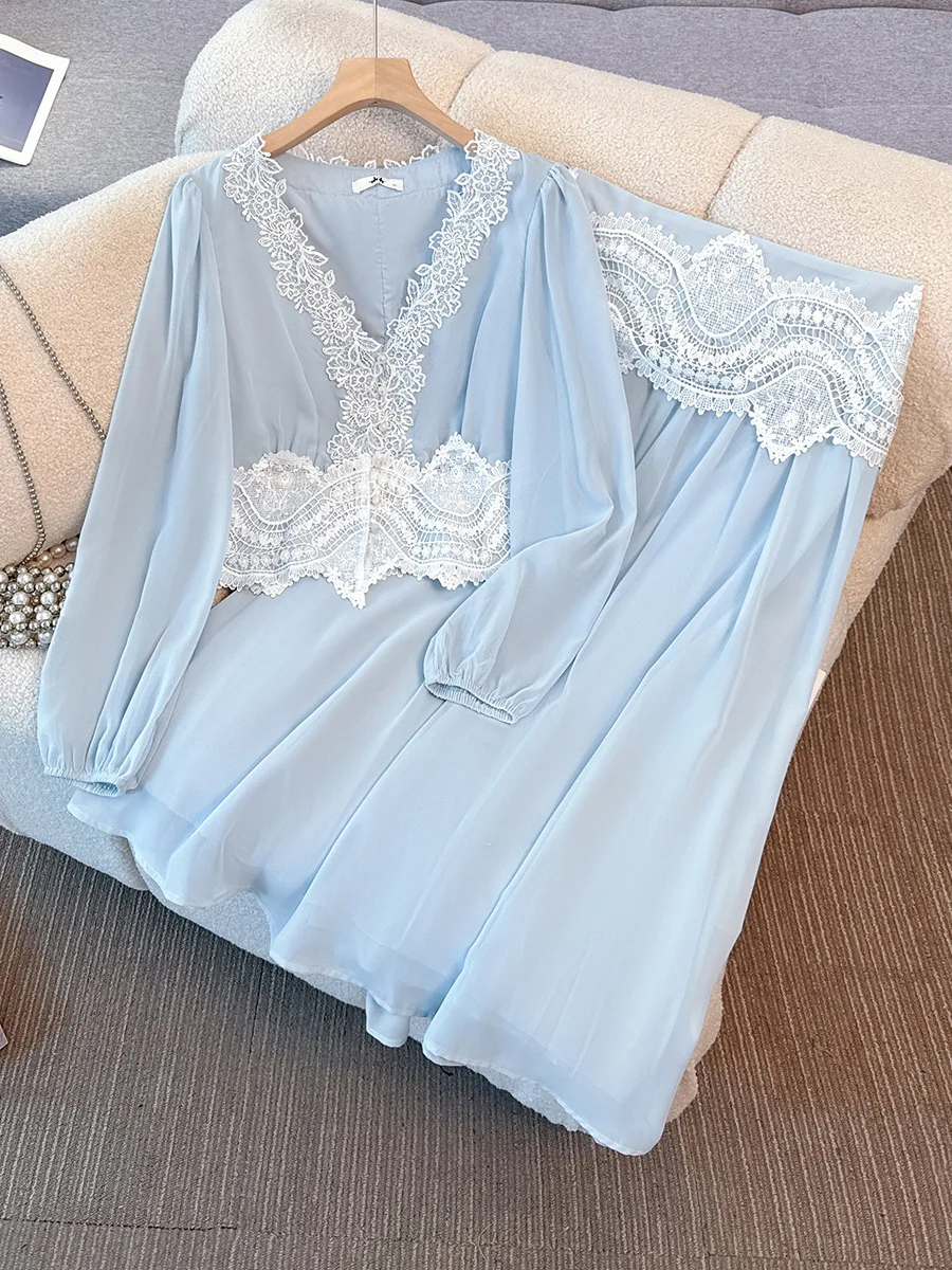 

150Kg Plus Size Women's Bust 150 Spring Autumn Long Sleeve V-Neck Top High-Waisted Skirt Lace Trim Set Blue 5XL 6XL 7XL 8XL 9XL