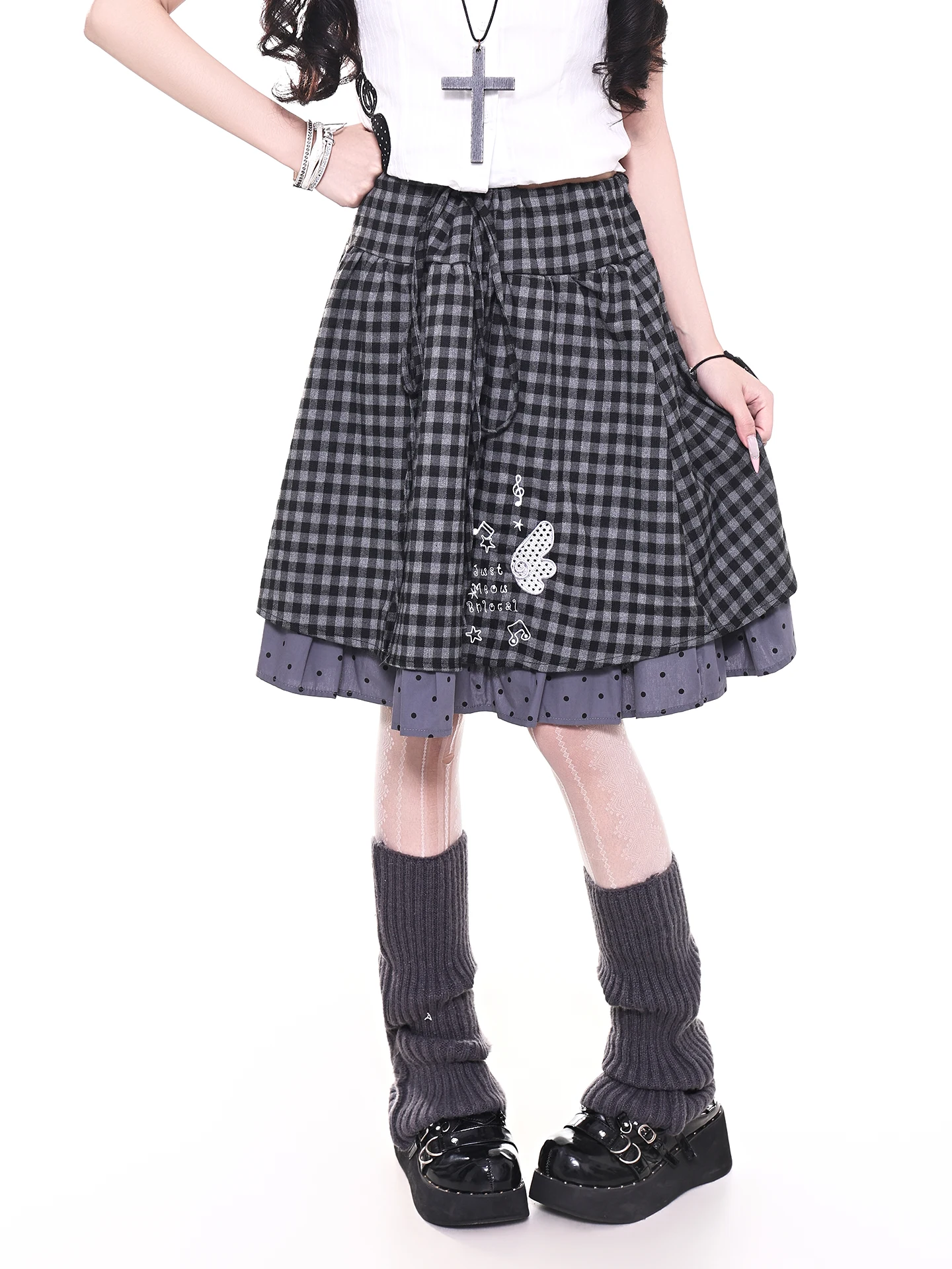 Retro Japanese Style Orange Marmalade Embroidered Plaid A-Line  Skirt High Waist Color Block College Girl Skirt