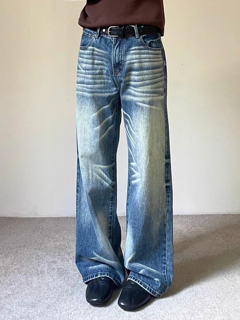 Novas Calças Jeans Estilo Americano para Homens e Mulheres, Corte Limpo, Soltas, Compridas, Perna Reta, Denim Lavado, Moda Ca...