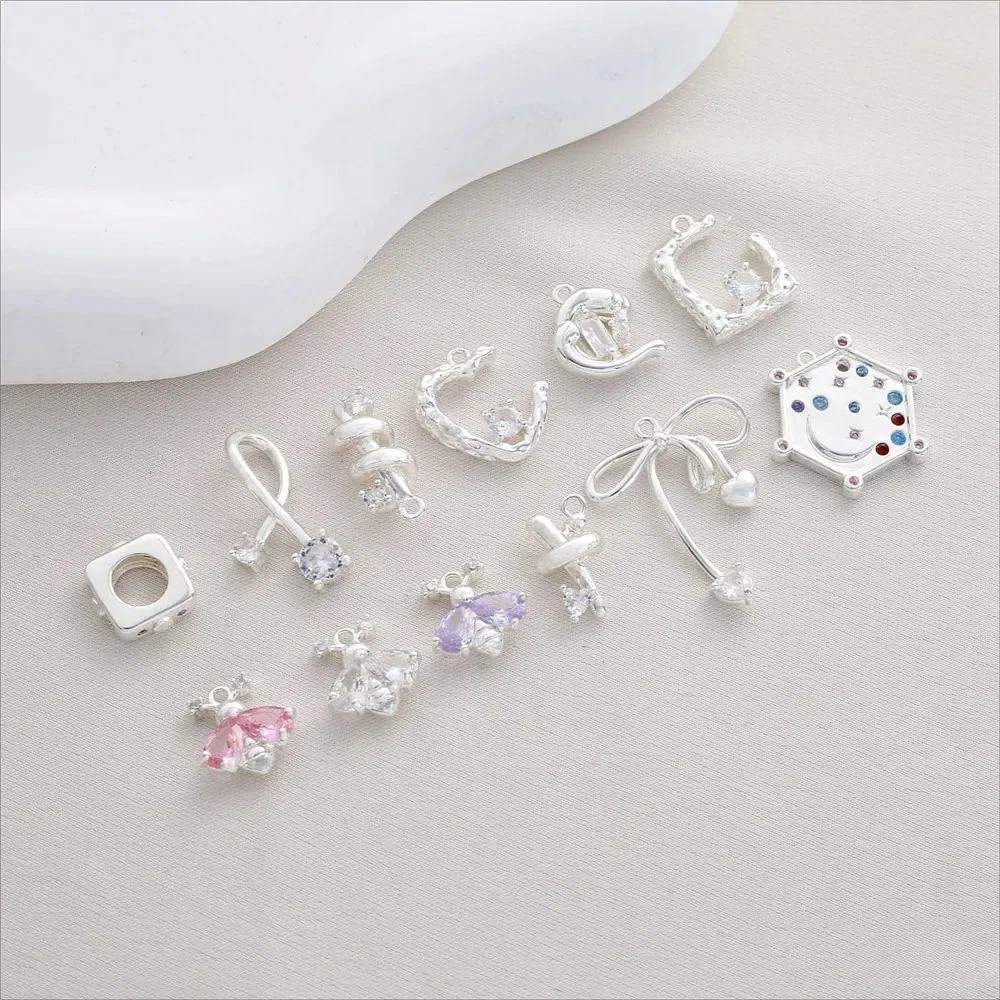 Copper Plated Thick Silver Inlaid Zircon Bee Peach Heart Bow Pendant DIY Bracelet Necklace Ear Hanging Jewelry Accessories