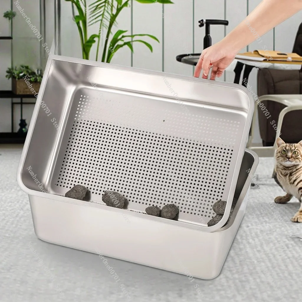 

New design stainless steel screening cat litter box with open top easy to clean large size pet toilet cat litter box