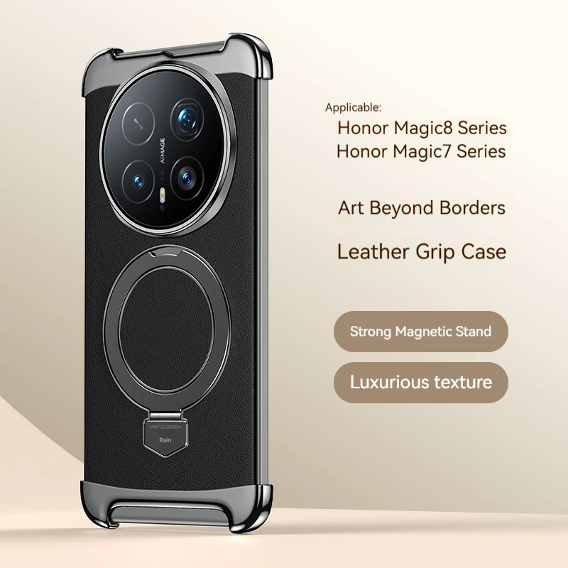 Metallrahmenlose Handyhülle aus reinem Leder mit drehbarer Aluminiumlegierungshalterung, für Honor Magic 8 Pro Magic 7 Pro Schutz-Rückabdeckung.