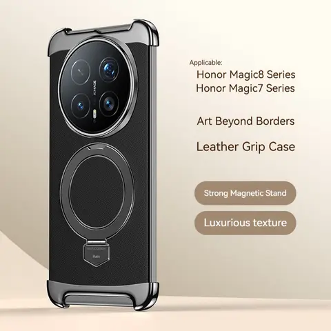 Metal Frameless Pure Leather Aluminum Alloy Rotating Bracket Phone Case, For Honor Magic 8 Pro Magic 7 Pro Protection Back Cover
