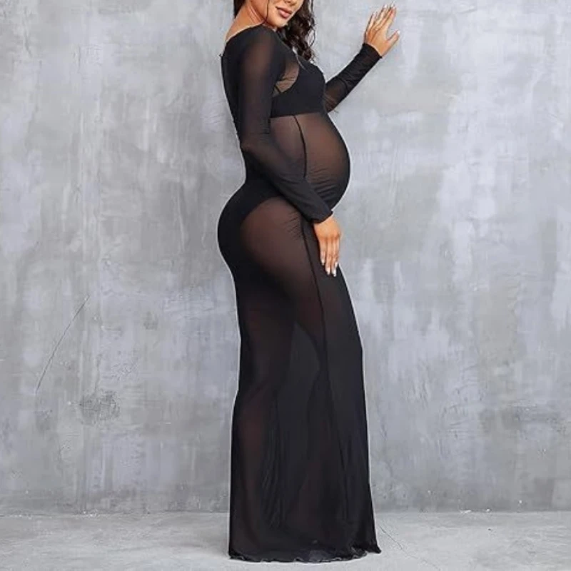 Maternity Mesh Long Sleeve High Slit See-Through Maxi Dress Mock Neck Sexy See-Through Dress for Photoshoot