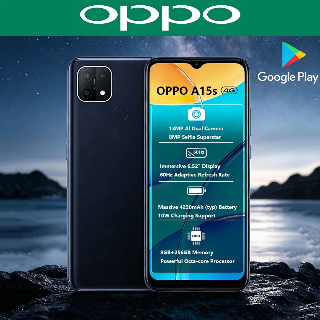 New OPPO A15s 4G Dual-SIM Smartphone Bigger Screen AI Triple Rear Camera 4230mAh Battery Cellphone 8+256GB Memory，Dynamic Black