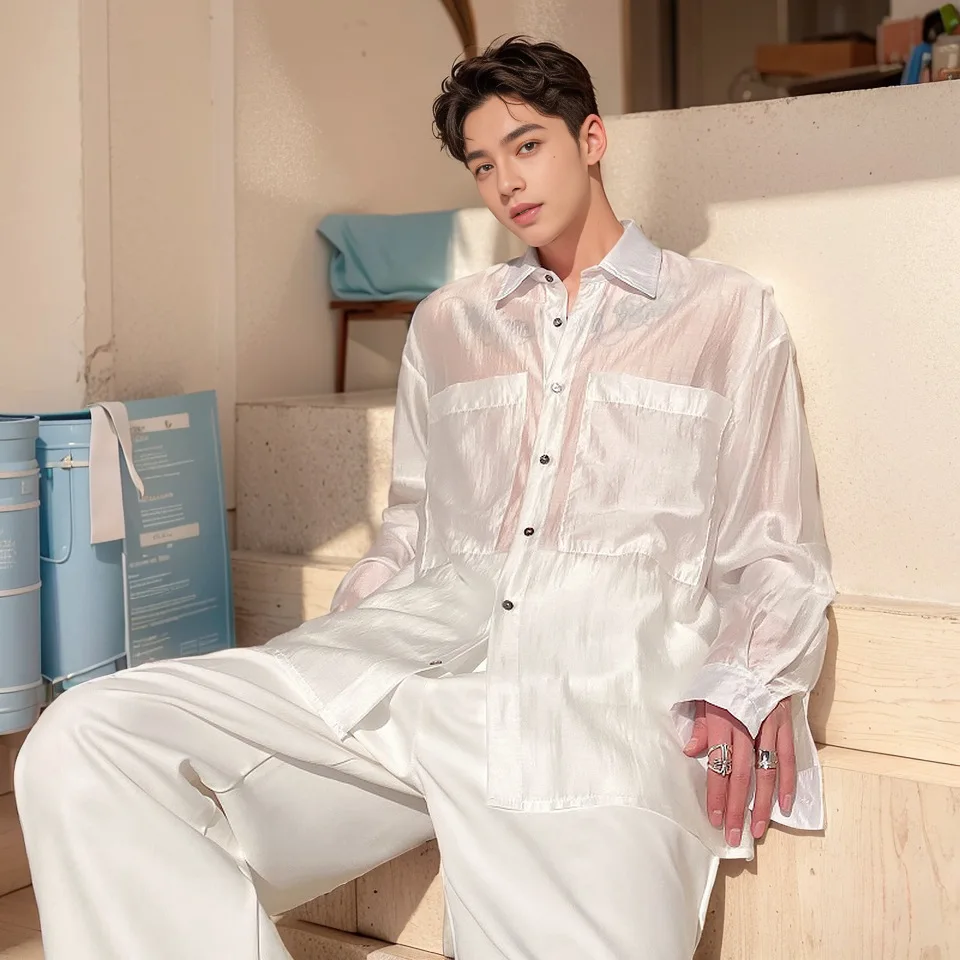 

New ultra-thin transparent organza temperament lapel long sleeve men's shirt solid color fashionable sunscreen shirt streetwear