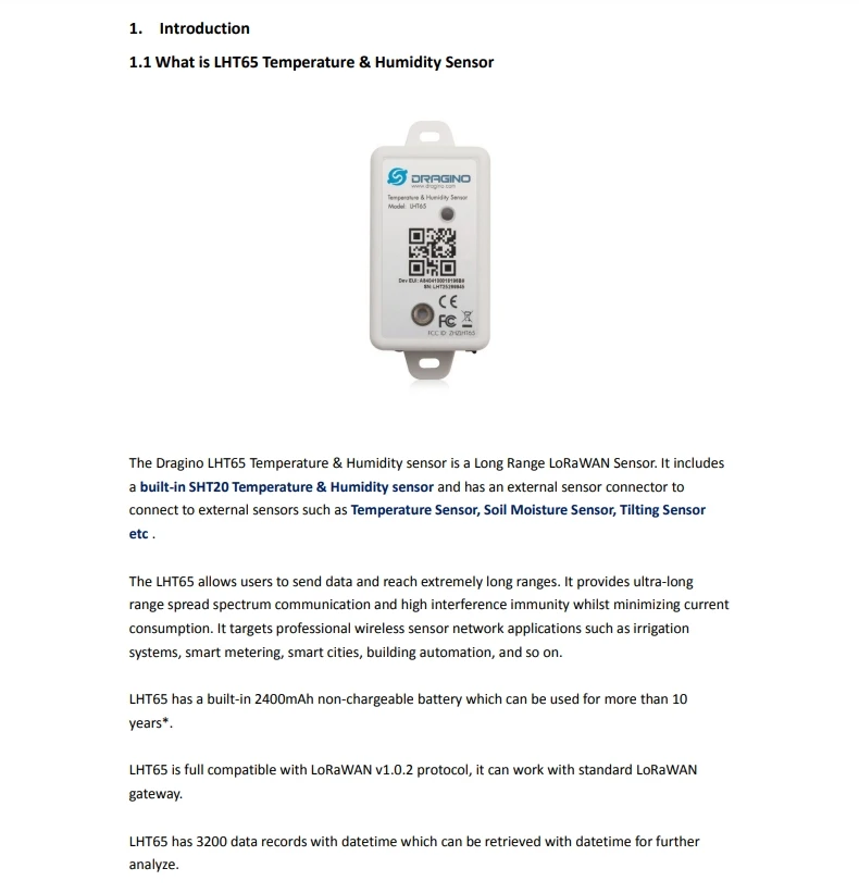 113990755 LHT65 LoRaWAN Temperature & Humidity Sensor Built-in SHT20 Temperature Sensor