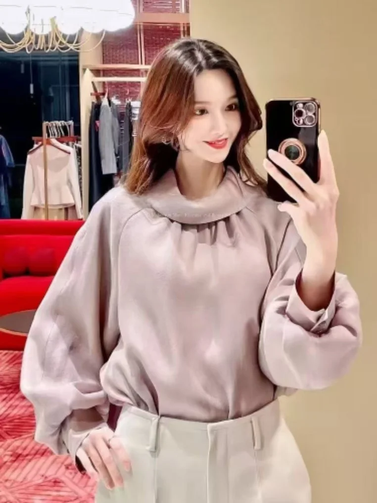 

Элегантная шелковая рубашка с длинным рукавом для женщин, летняя, новый стиль, повседневная, свободного кроя, дышащая, из хлопка, в корейском стиле, с воротником-стойкой