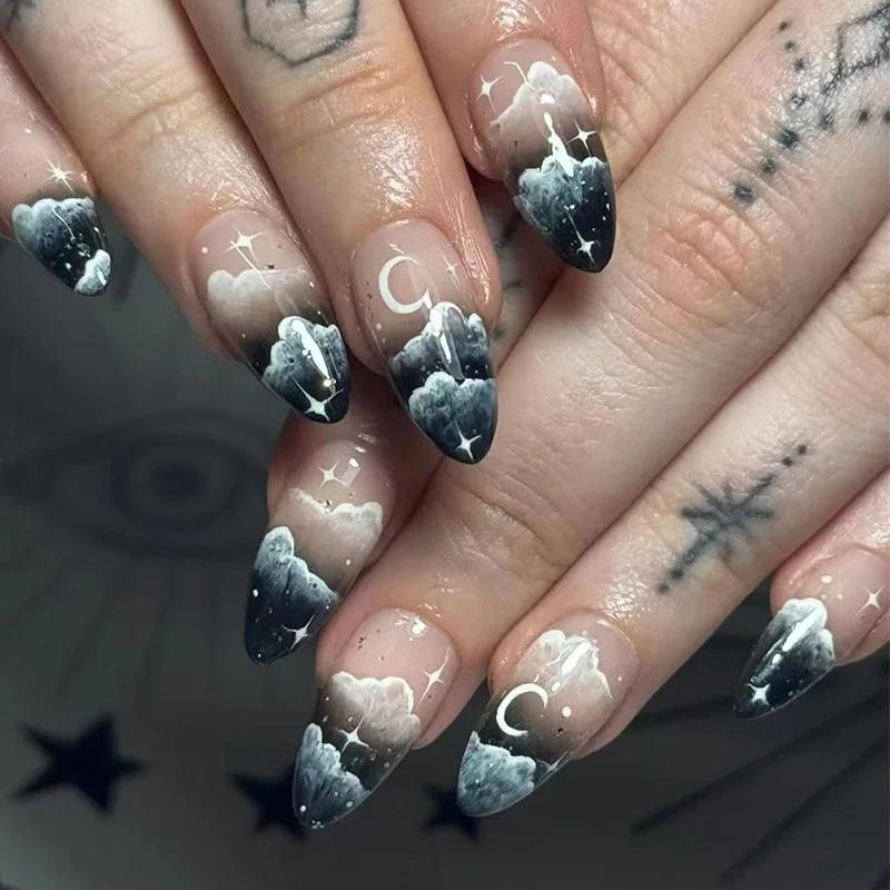 24Pcs Mid-length Almond Nails Set Press on Full Cover Black White Starry Sky Smudge False Nails Detachable Fake Nails Tips Art