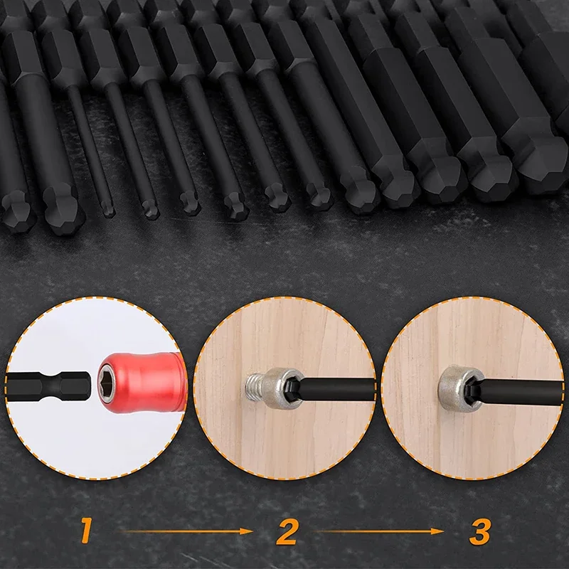 20Pcs Ball End Hex Head Allen Wrench Drill Bit Set Magnetic Metric SAE Allen Screwdriver Bits S2 Hex Bit Set Hex Key Socket Bits