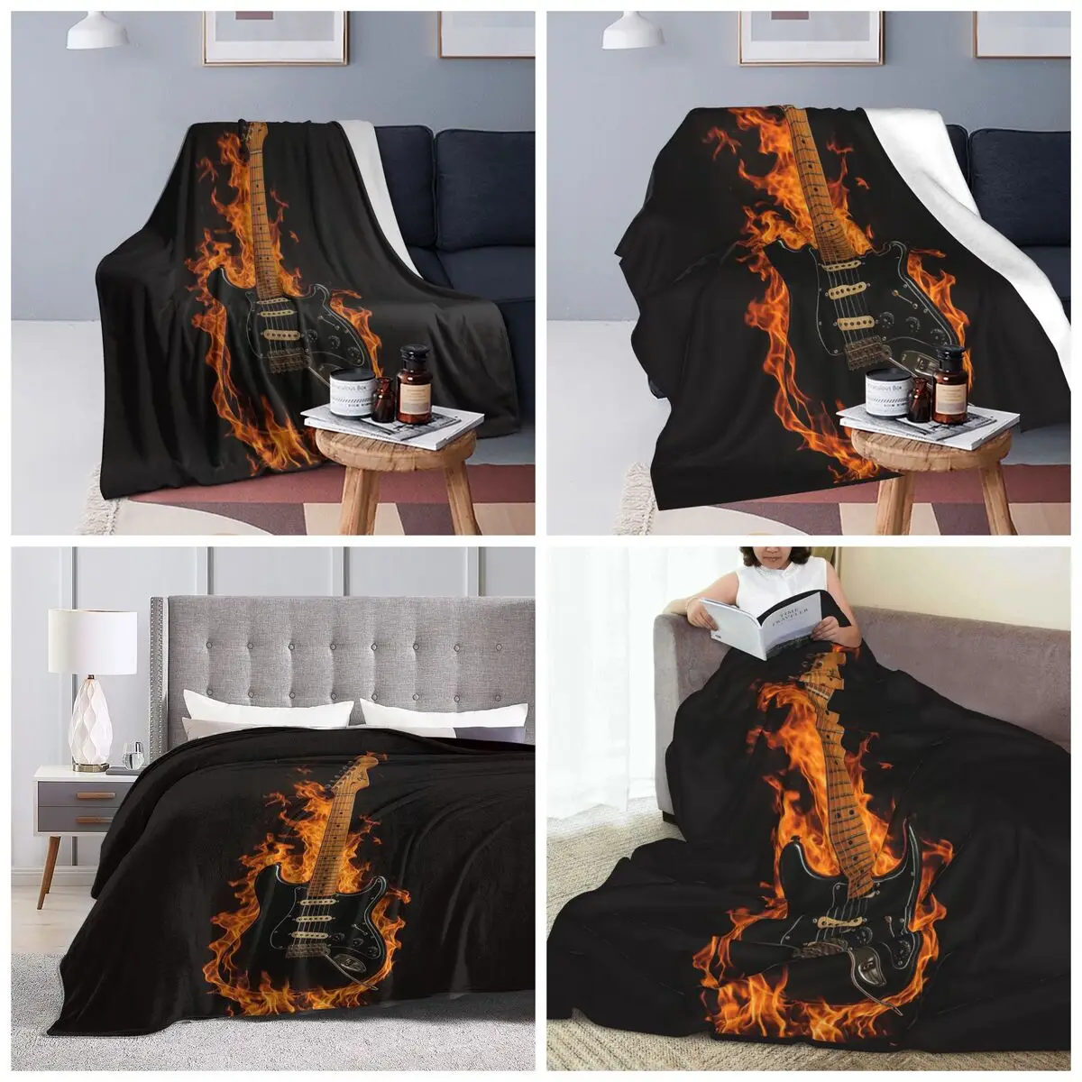 Guitar With Fire In Black Blankets Soft Warm Flannel Throw Blanket Plush for Bed Travel Home Sofa