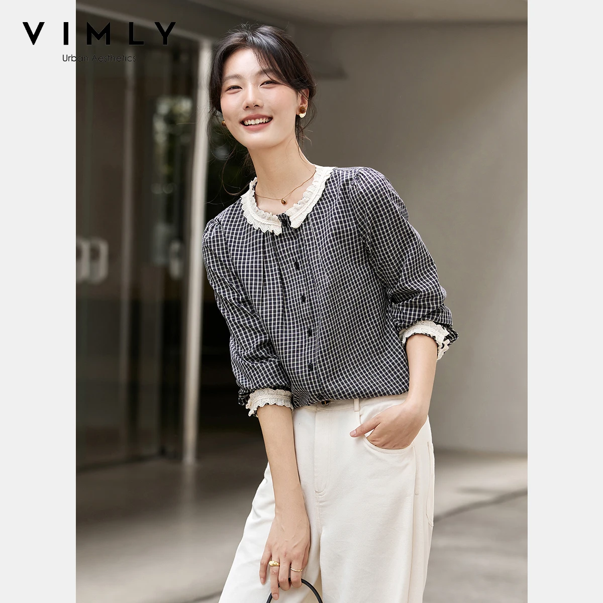 

VIMLY женские клетчатые рубашки, элегантные осенние модные женские рубашки 202, кружевные женские топы с круглым вырезом, женская блузка с длинными рукавами A3076