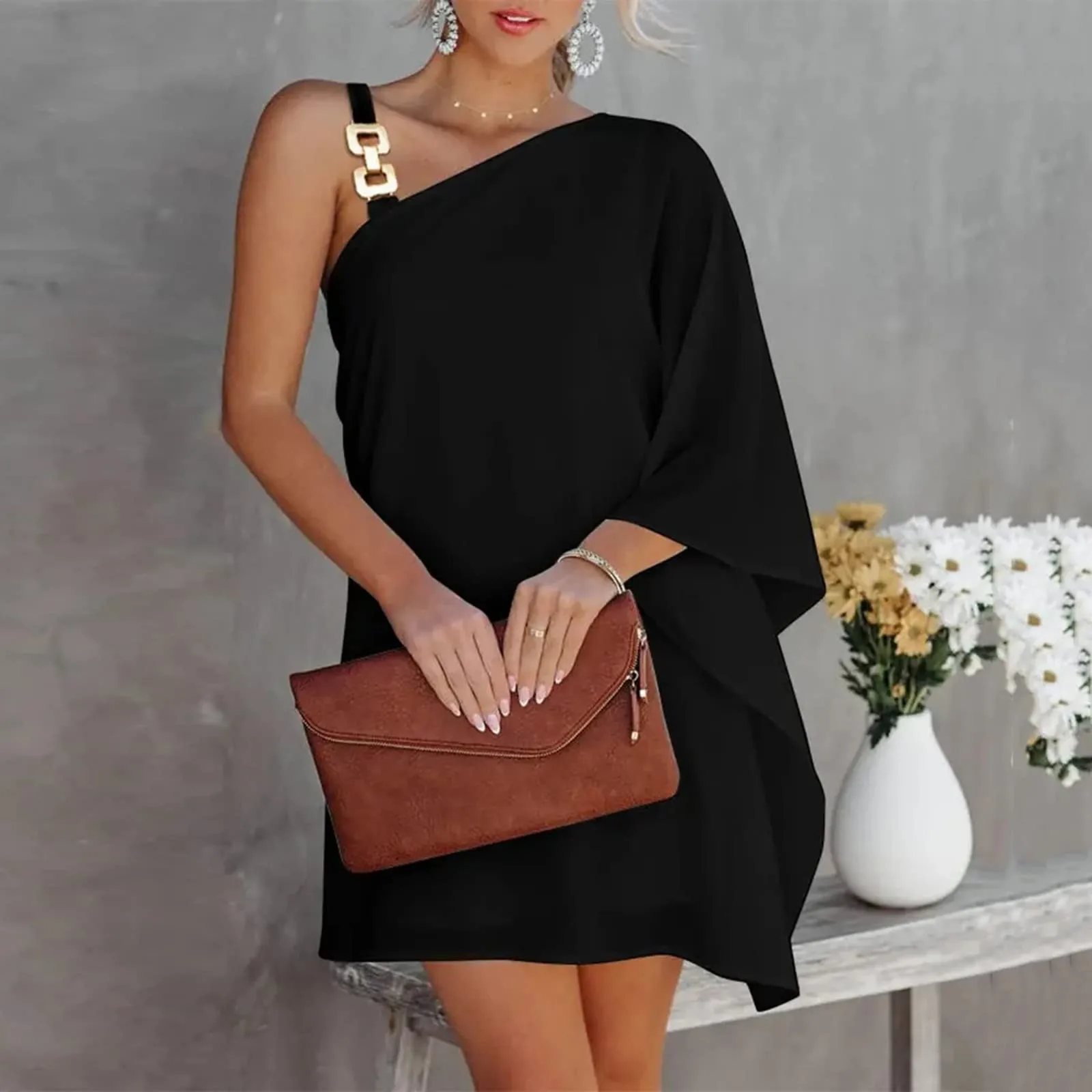 

Summer Dress For Women One Shoulder Fashion Elegant Irregular Half Bat Sleeve Solid Casual Dress Loose Metal Strap Mini Sundress