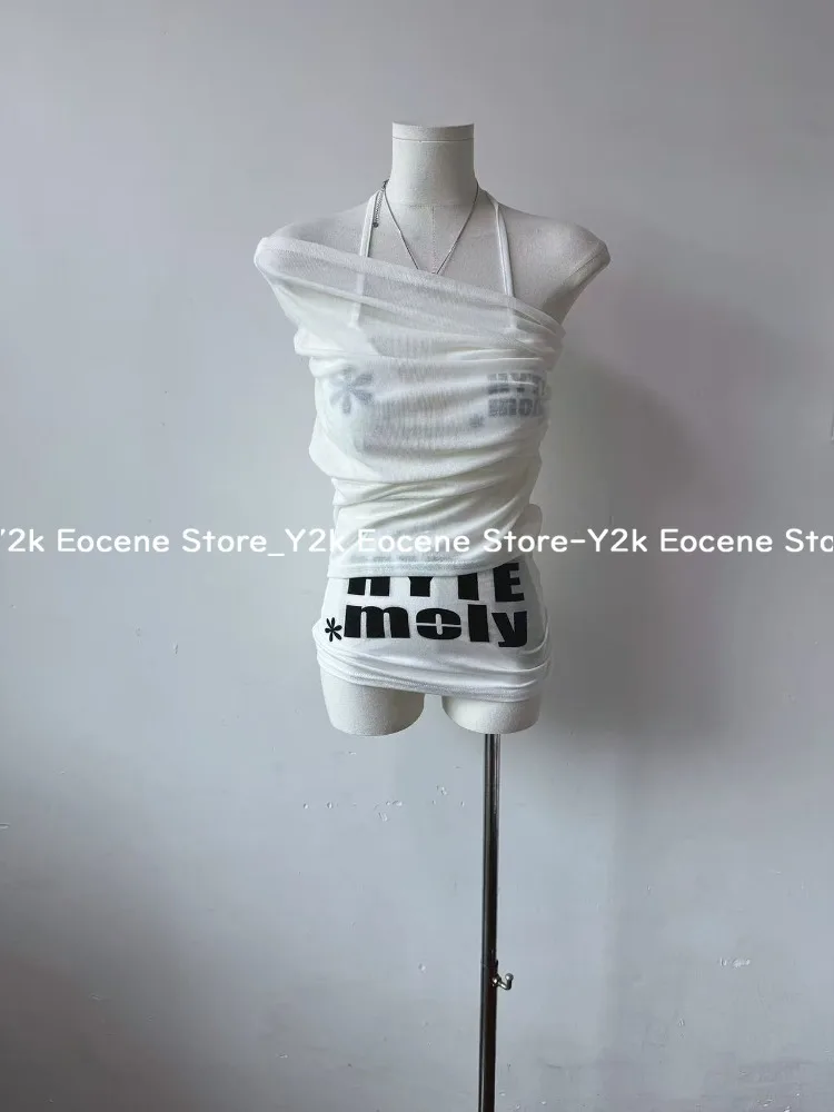 Y2k Streetwear Two Pieces Set Women Irregular Hollow Out Letter Mini Dress + Aesthetic Sexy Halter Bandage Vest Harajuku Outfits image 6