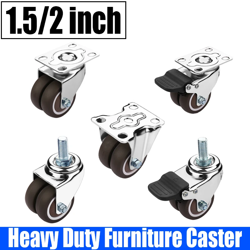 

4PCS 1.5/2 Inch Double Wheel Heavy Duty Furniture Caster Soft Rubber Universal Wheel Swivel Caster Mute Trolley Wheel Hardware