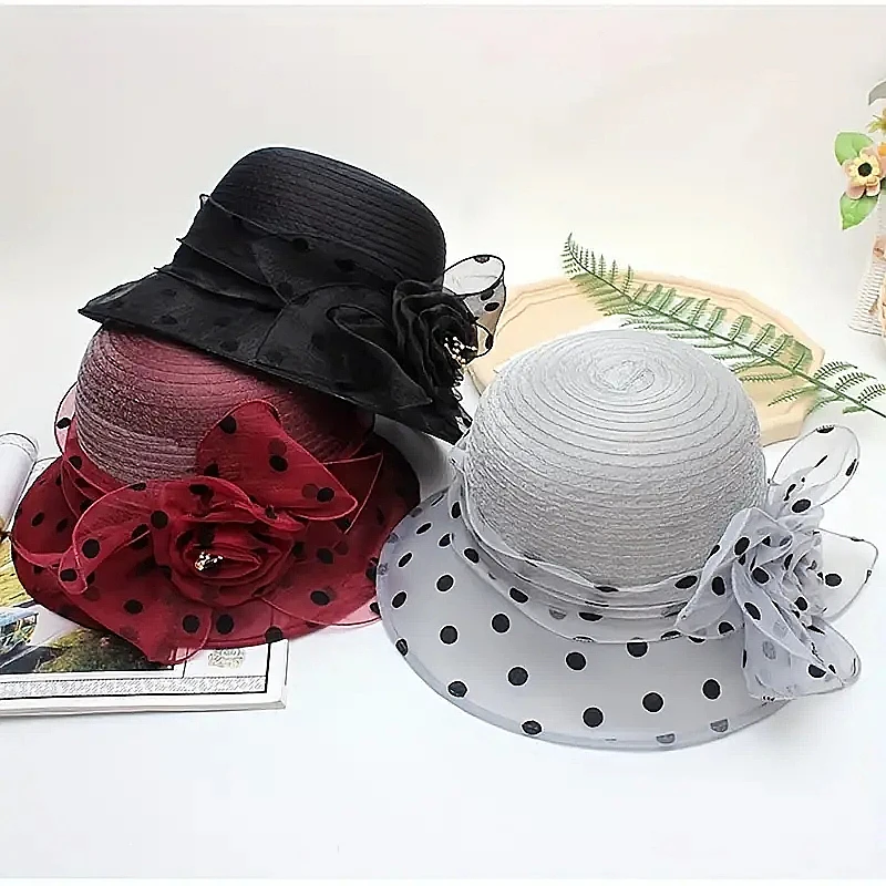 Flower Decor Dotted Print Bucket Hat, Sunscreen Fashion Elegant Traveling Fisherman Hat For Vacation, Women\'s Caps & Hats