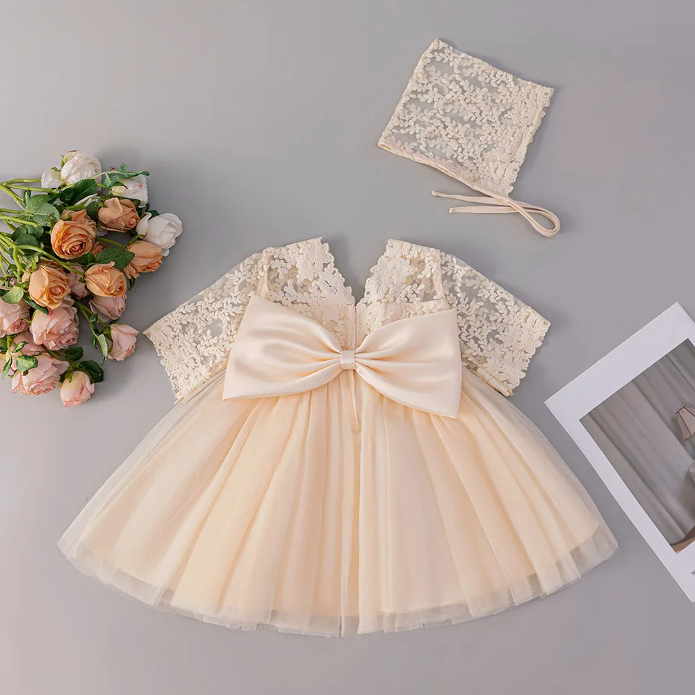 

HETISO платья цвета шампанского для девочек со шляпой, детская одежда для первого дня рождения, кружевное бальное платье на крестины для малышей на свадьбу