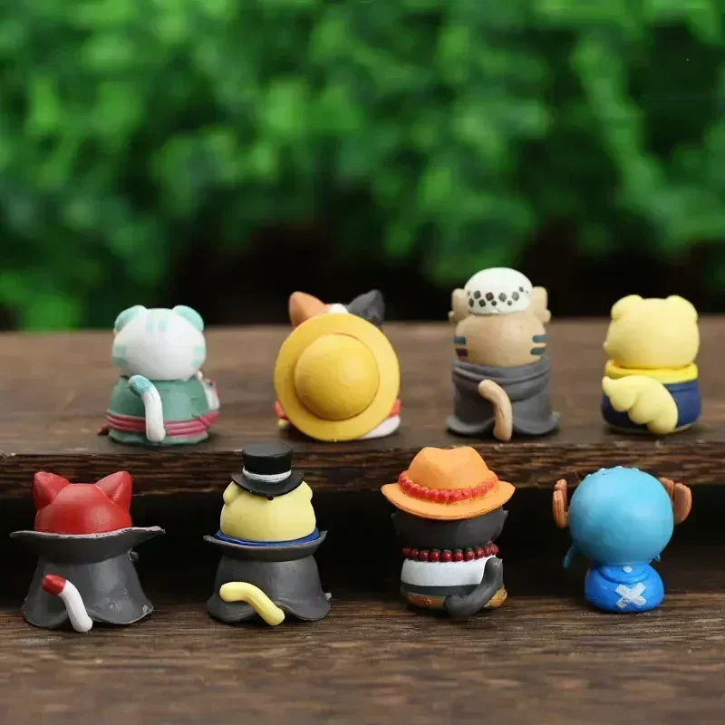 8Pcs/set Anime One Piece Luffy Figure Zoro Cat Shape Ace Q Version Sabo Desktop Shanks Ornaments Toys Collection Gift Mockup