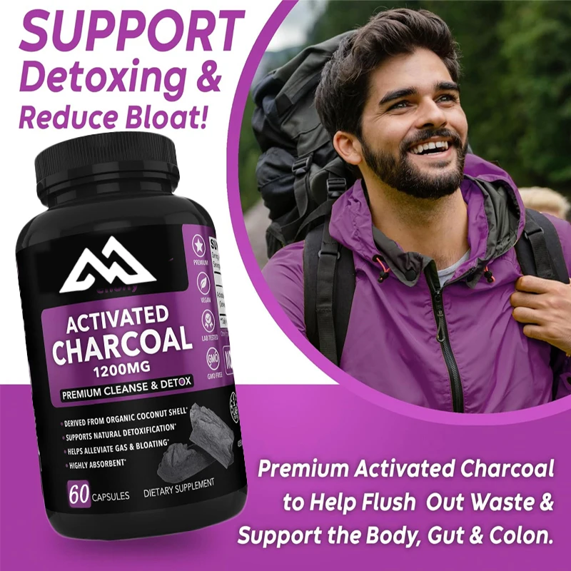 Activated carbon capsules clean and detoxify organic coconut charcoal, used to relieve stomach gas and bloating