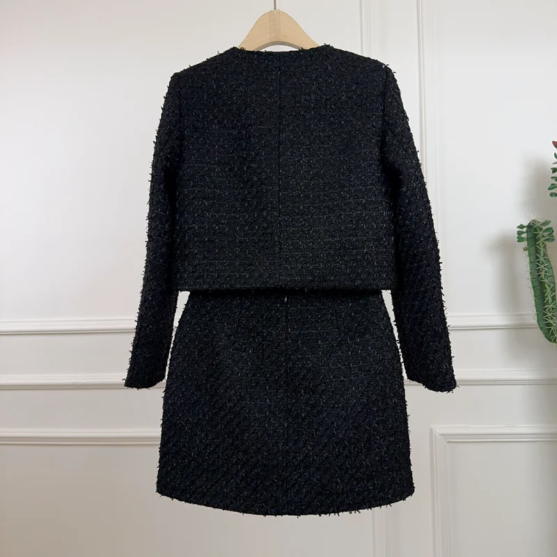 جودة عالية أسود صغير عطرة الماس دعوى المرأة سترة قصيرة عصرية + تنورة خط تويد سيدة الفرنسية قطعتين مجموعة #6
