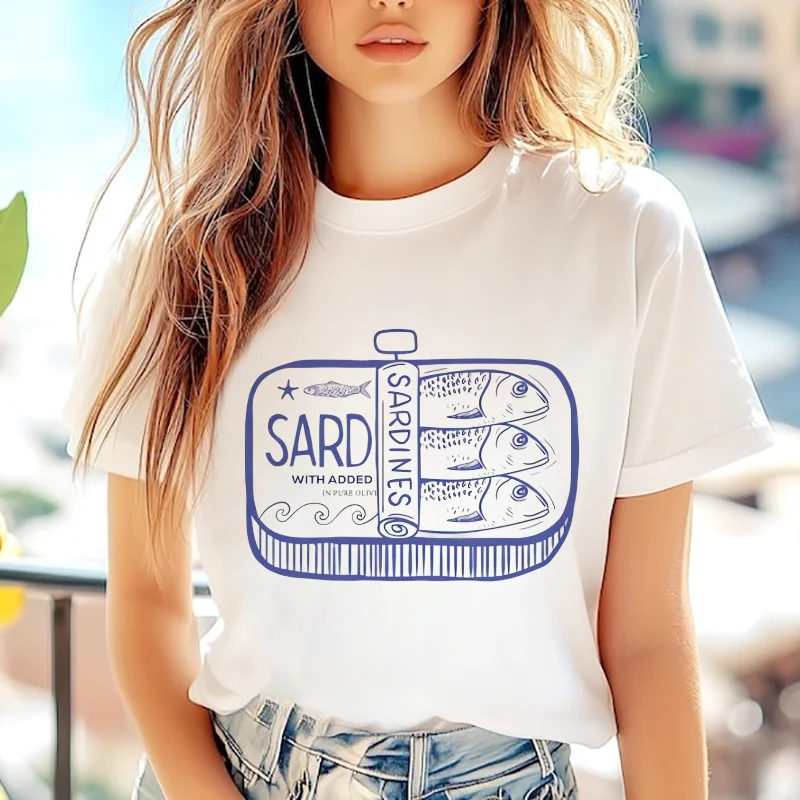 

Casual Style T-Shirt Cute 90s Clothes Women's Top O-Neck Sardine Pattern Summer Women's Short Sleeve Printed Fashionable T-Shirt