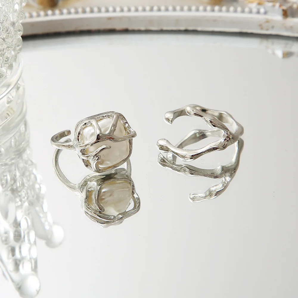 LATS Silver Color Creative Irregular Floral Pearl Rings Set for Women Geometric Metal Wave Opening Ring 2022 Fashion Jewerly