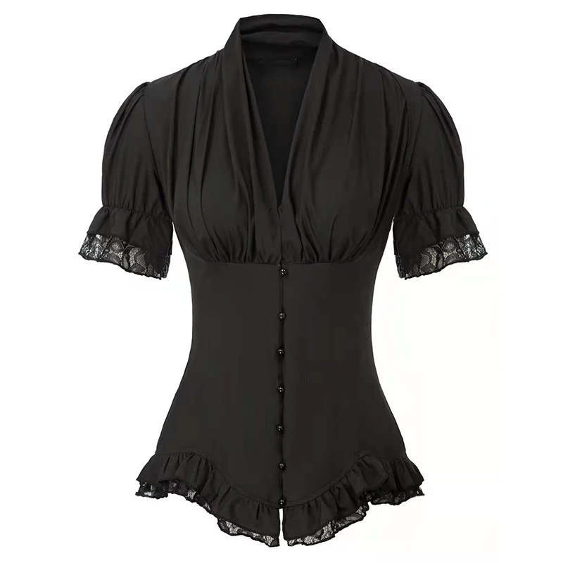 Vintage Victorian Blouse for Women Short Sleeve V Neck Lace Chiffon Slim Corset Shirt Tops