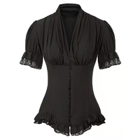 Vintage Victorian Blouse for Women Short Sleeve V Neck Lace Chiffon Slim Corset Shirt Tops