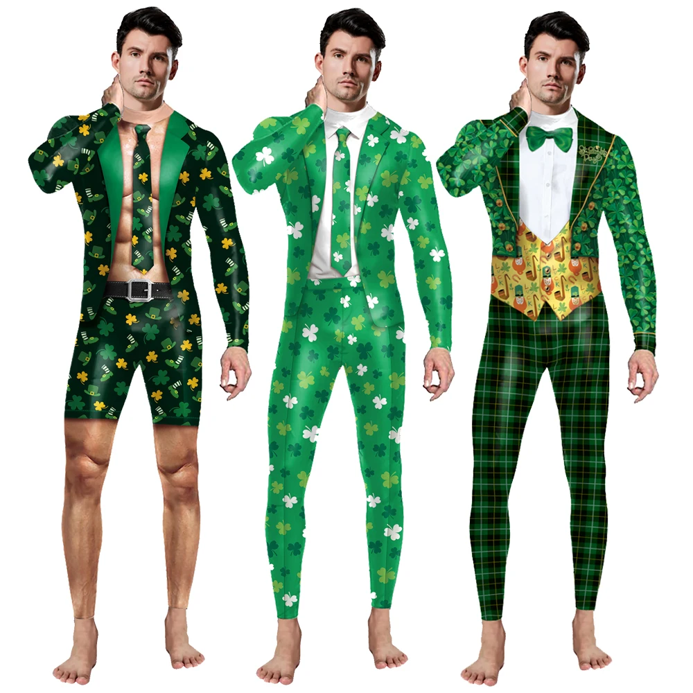 Cosplay Bodysuit Men Saint Patrick's Day Party Outfit Catsuit Jumpsuits Performance Costumes Party Zentai Suit Fancy Clothing