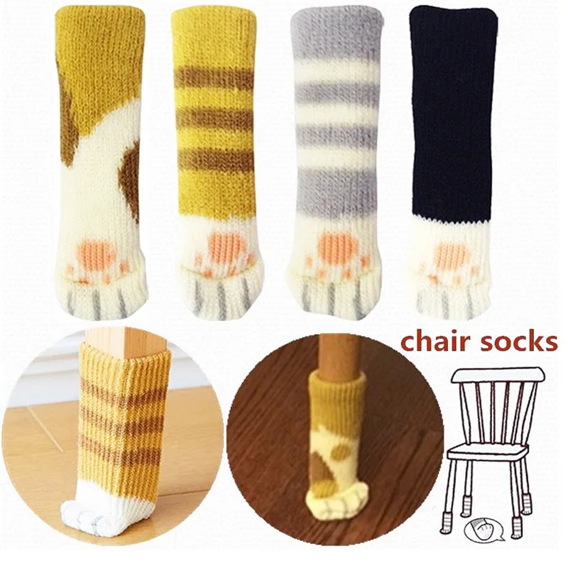 

4Pcs Cartoon Non-Slip Wear Cute Cat Paw Table Chair Foot Leg Knit Cover Protector Socks Sleeve Protector Good Scalability Decor